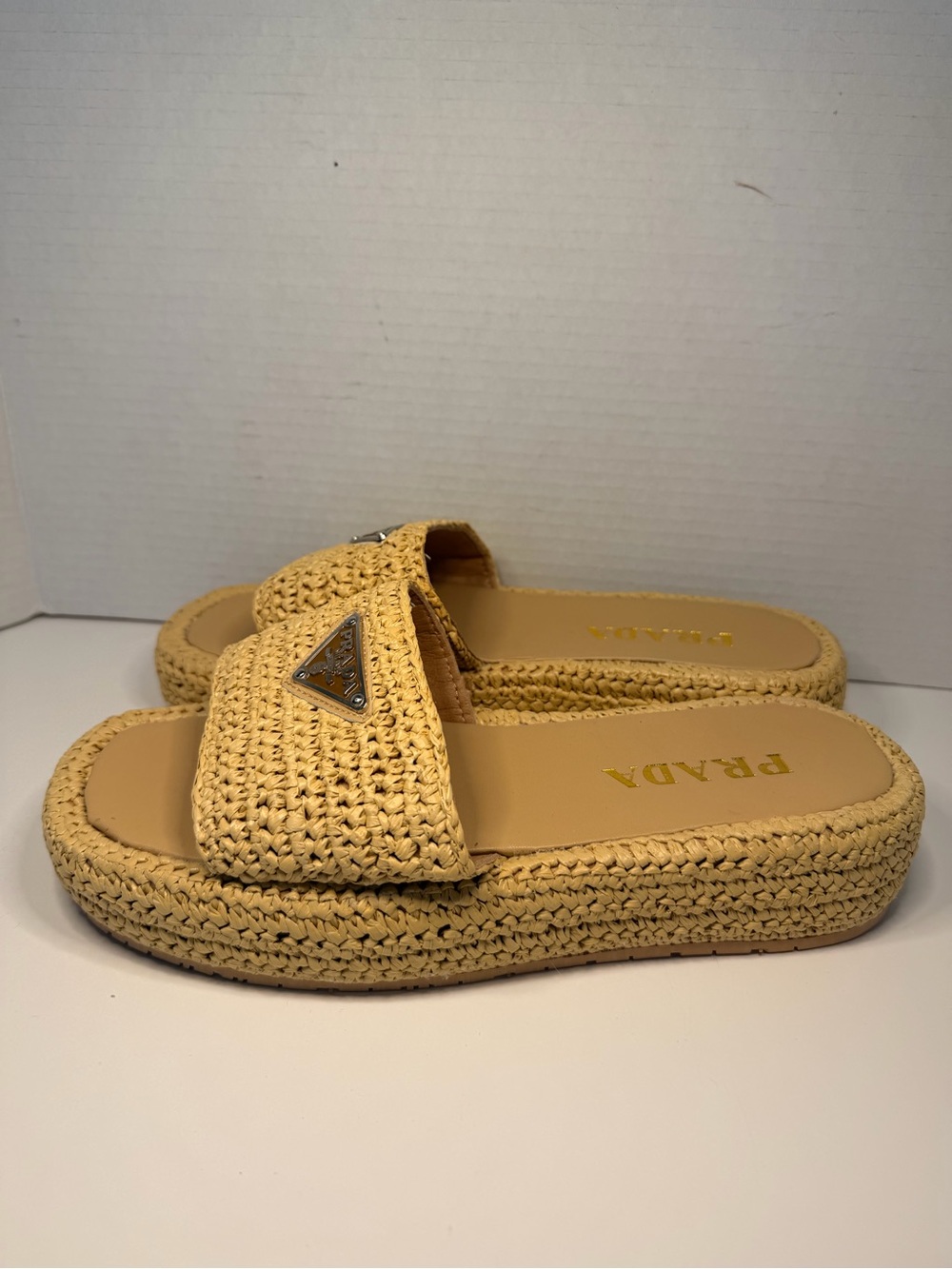 Prada Raffia Platform Slide Sandals with Triangle Logo Size 10 - Picture 4 of 6